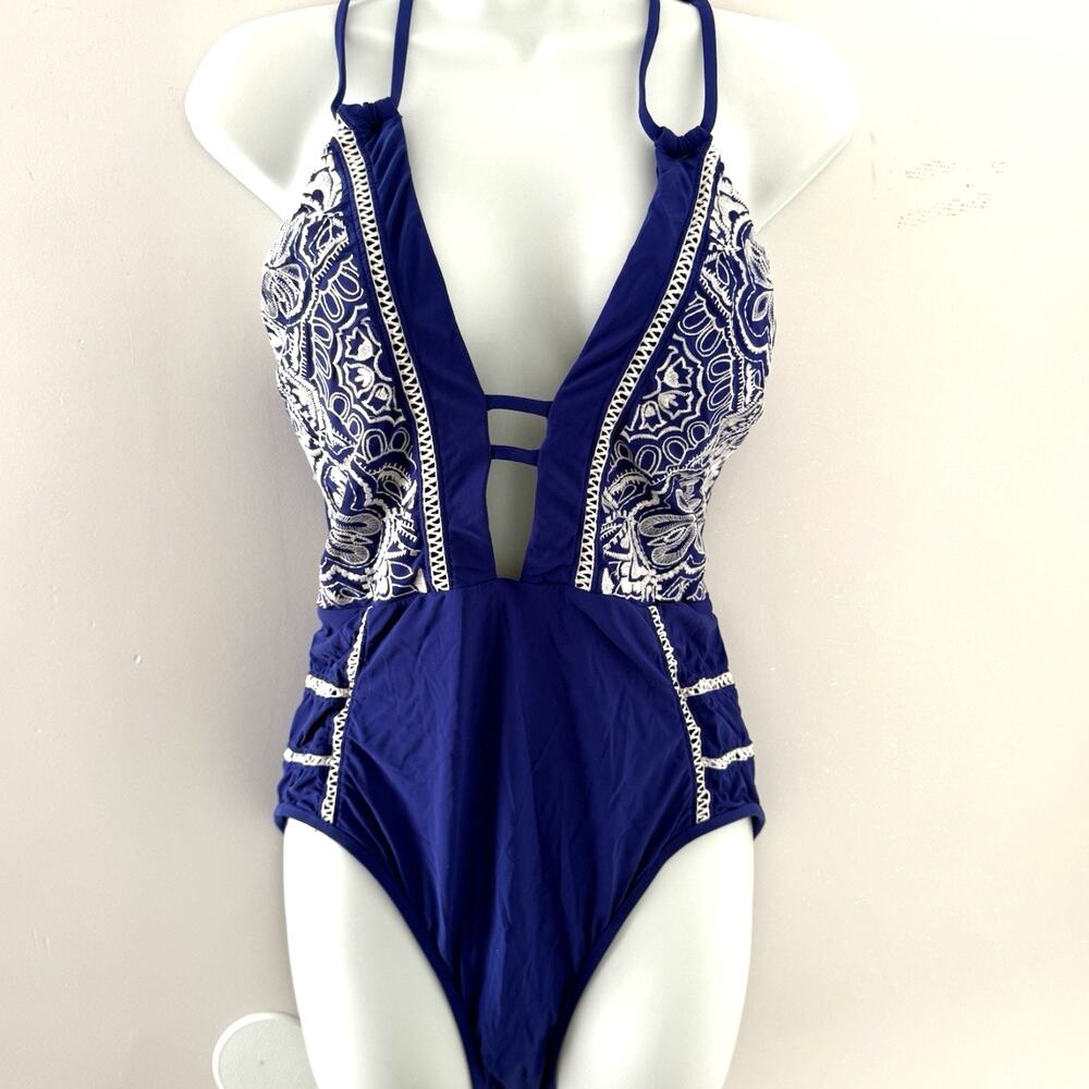 Nanette Lepore One Piece Swimsuit Navy Cutout Monokini Tassel L NWT $168